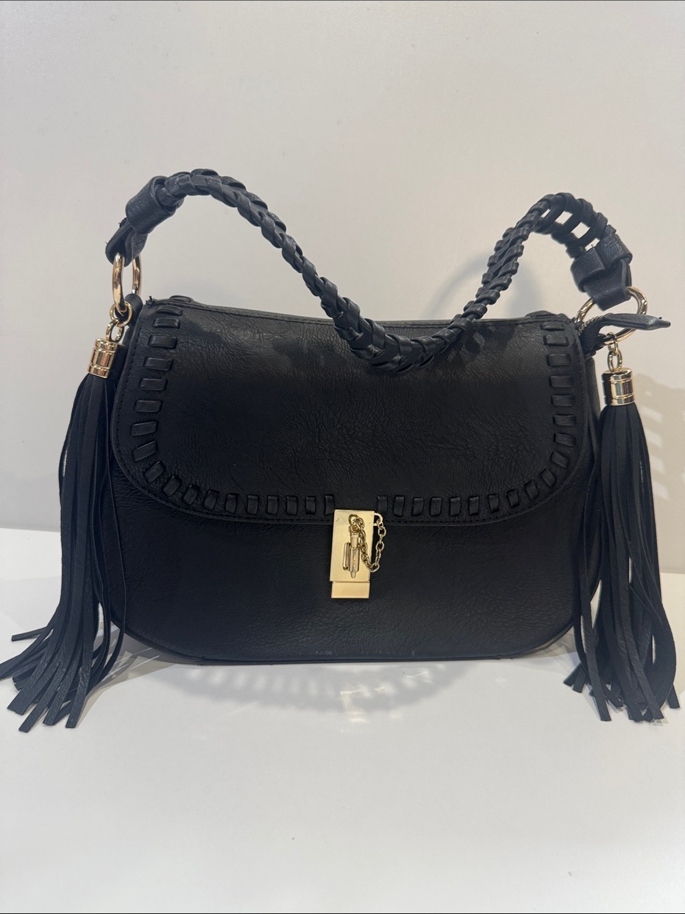 Black Shoulder Bag with Braided Handle and Gold Lock